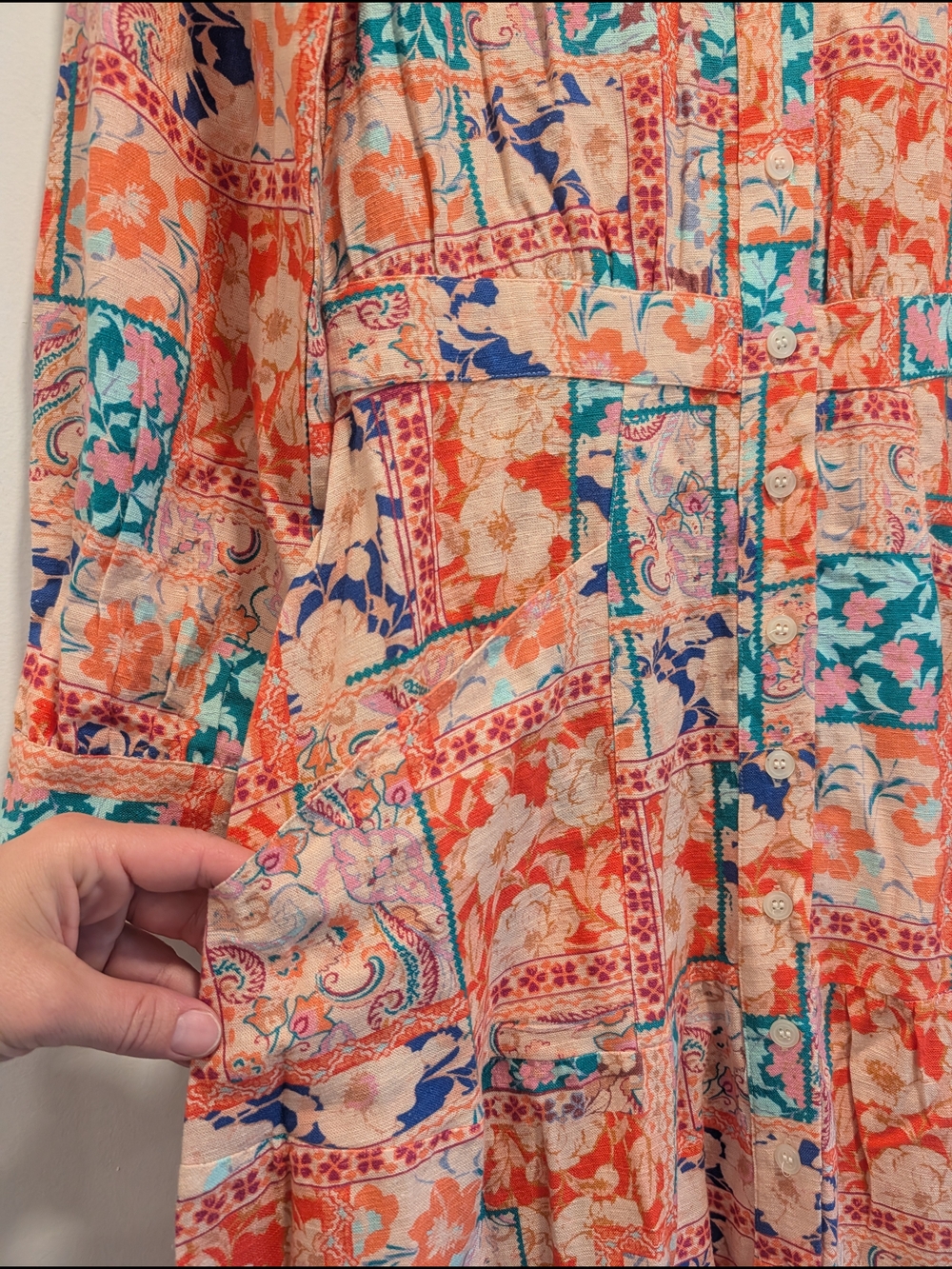 VENUS Women's Coral Floral Patchwork Collared Shirt Dress Linen blend Size 4 - Picture 3 of 11